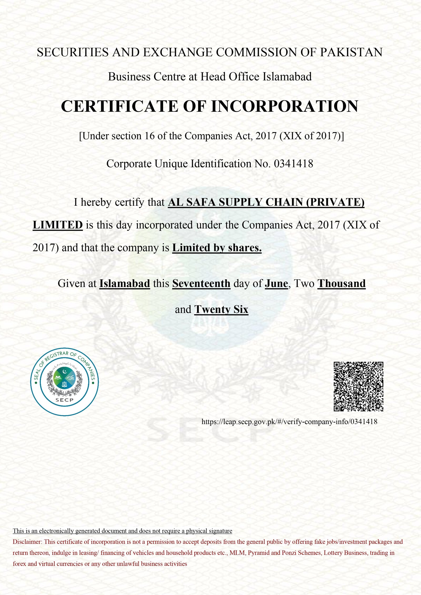SECP Registration Certificate